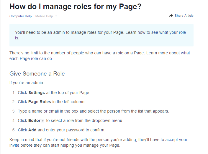 Facebook Help: how to manage roles for your Page and give someone a role
