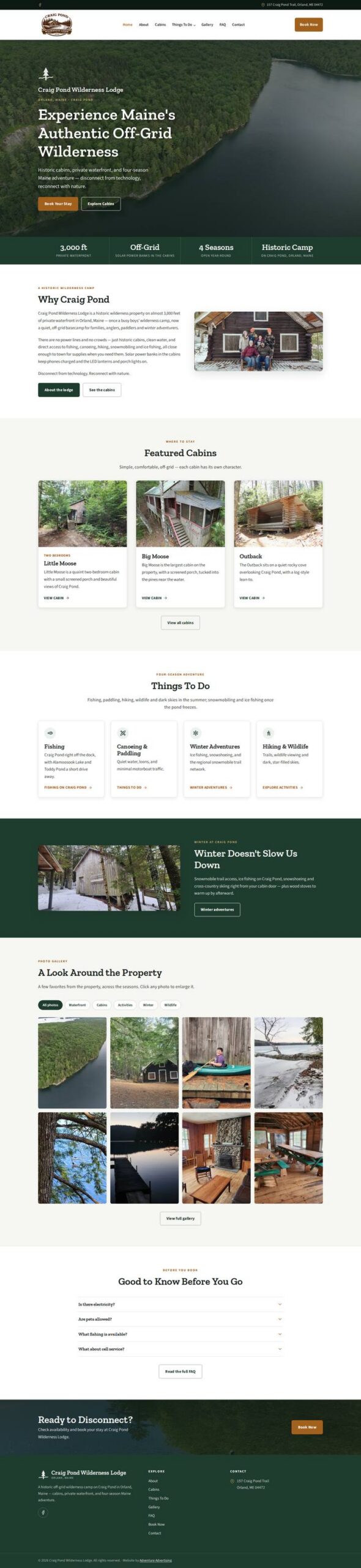 Full-page screenshot of the Craig Pond Wilderness Lodge website
