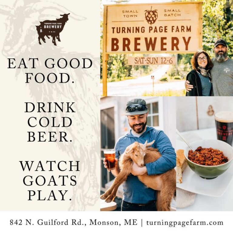 Social post for Turning Page Farm brewery in Monson: “Eat good food. Drink cold beer. Watch goats play.”